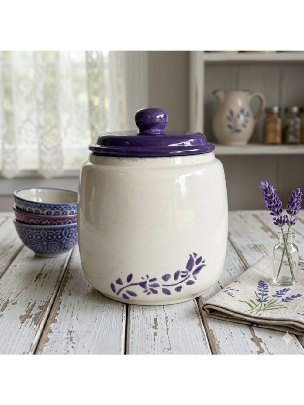 Vintage Hand Painted Purple Floral Stoneware Canister Lid Studio Pottery